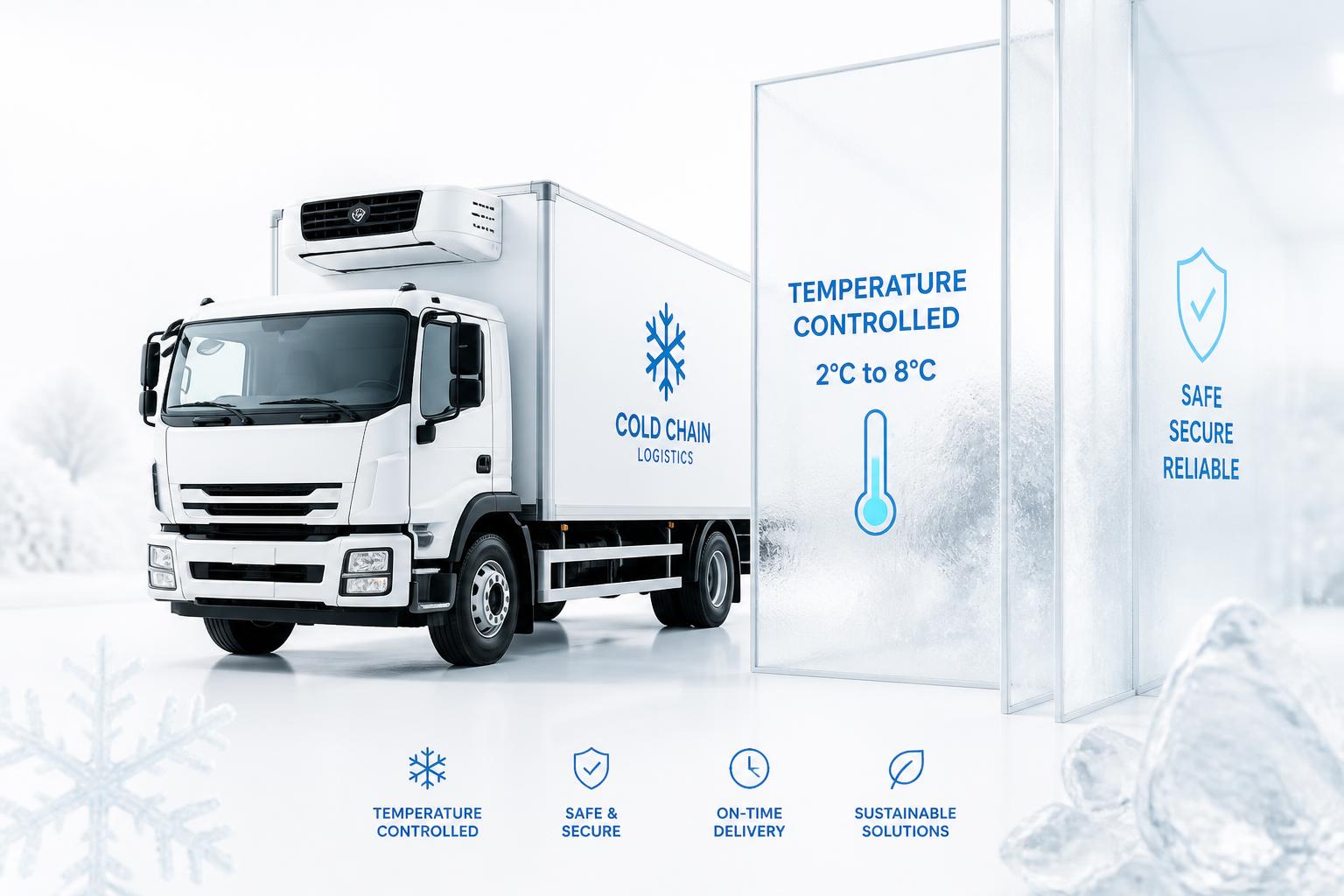 Caminhão refrigerado e painéis de vidro congelado representando a cadeia do frio monitorada