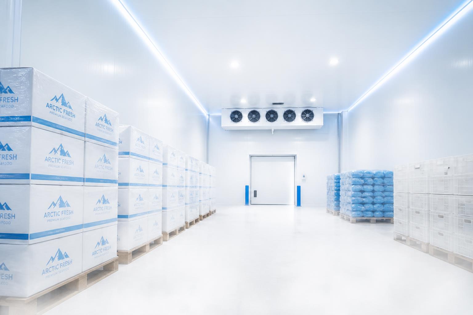 Interior de armazém frigorificado com pallets de produtos refrigerados